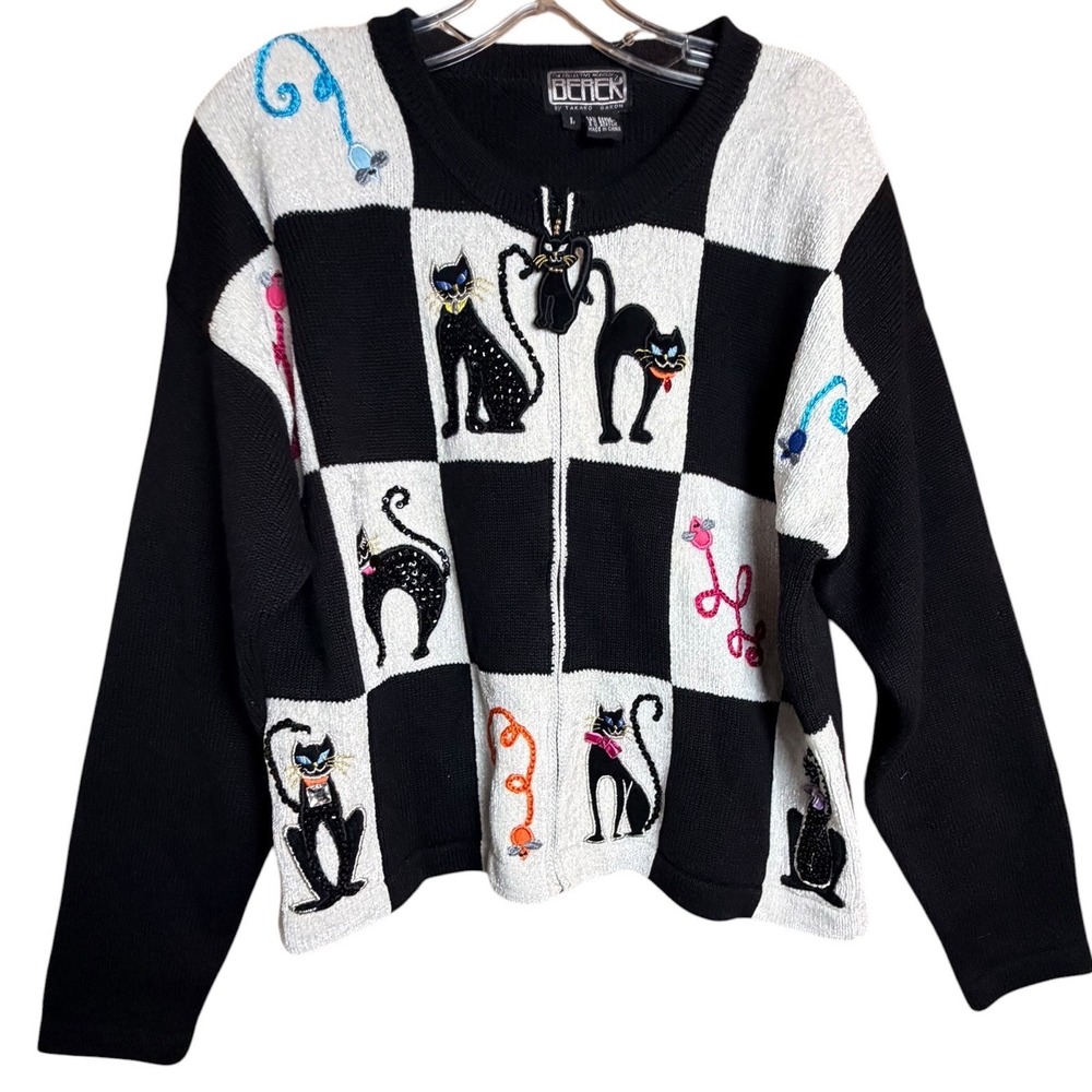Vintage BEREK Takako Sakon Black Cat Sequin Zip Cardigan Sweater Large